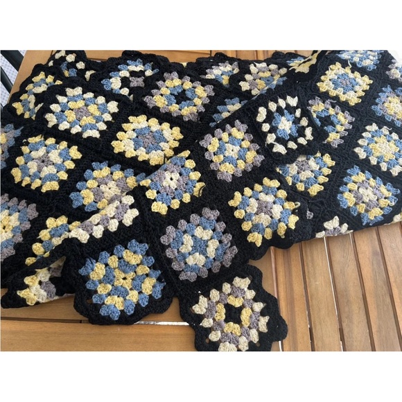 Granny Square Afghan Throw Blanket 46”x68” Black Blue Yellow Handmade Vintage